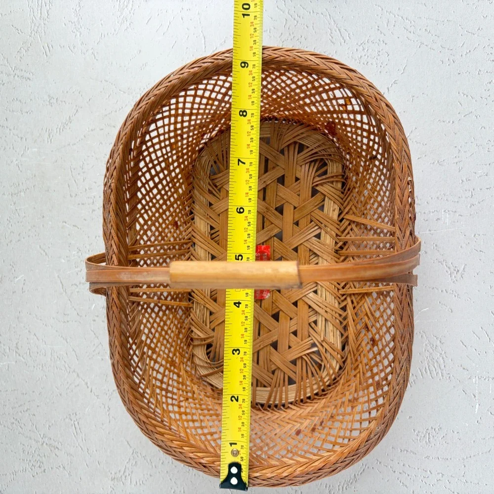 Vintage Woven Bamboo Basket Oval Lattice Boho Decor